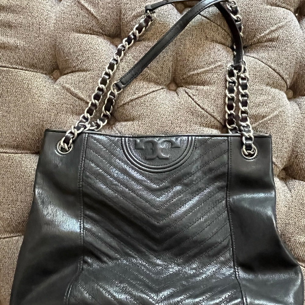 Tory Burch Fleming Black Quilted Leather Tote Bag